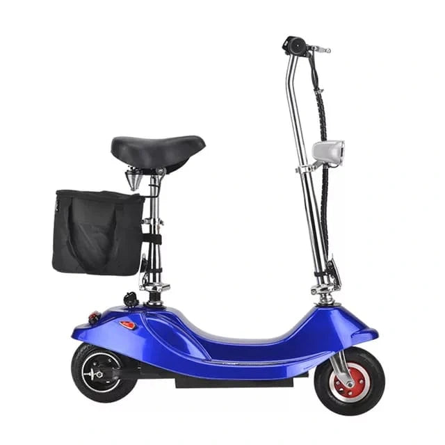 Blue scooter with a seat and extended handlebar on a white background