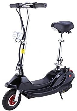 Black electric scooter with a seat on a white background