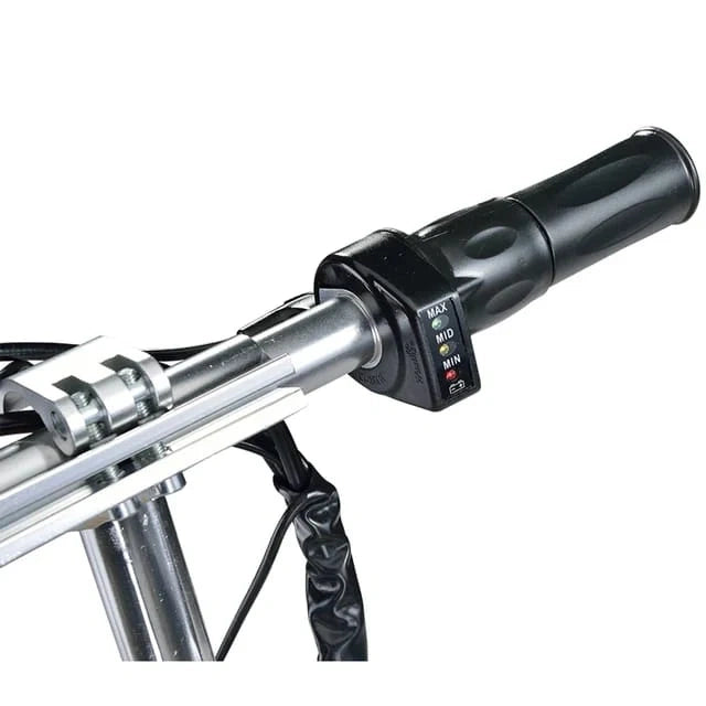 Close-up of a motorcycle handlebar with throttle grip on a white background