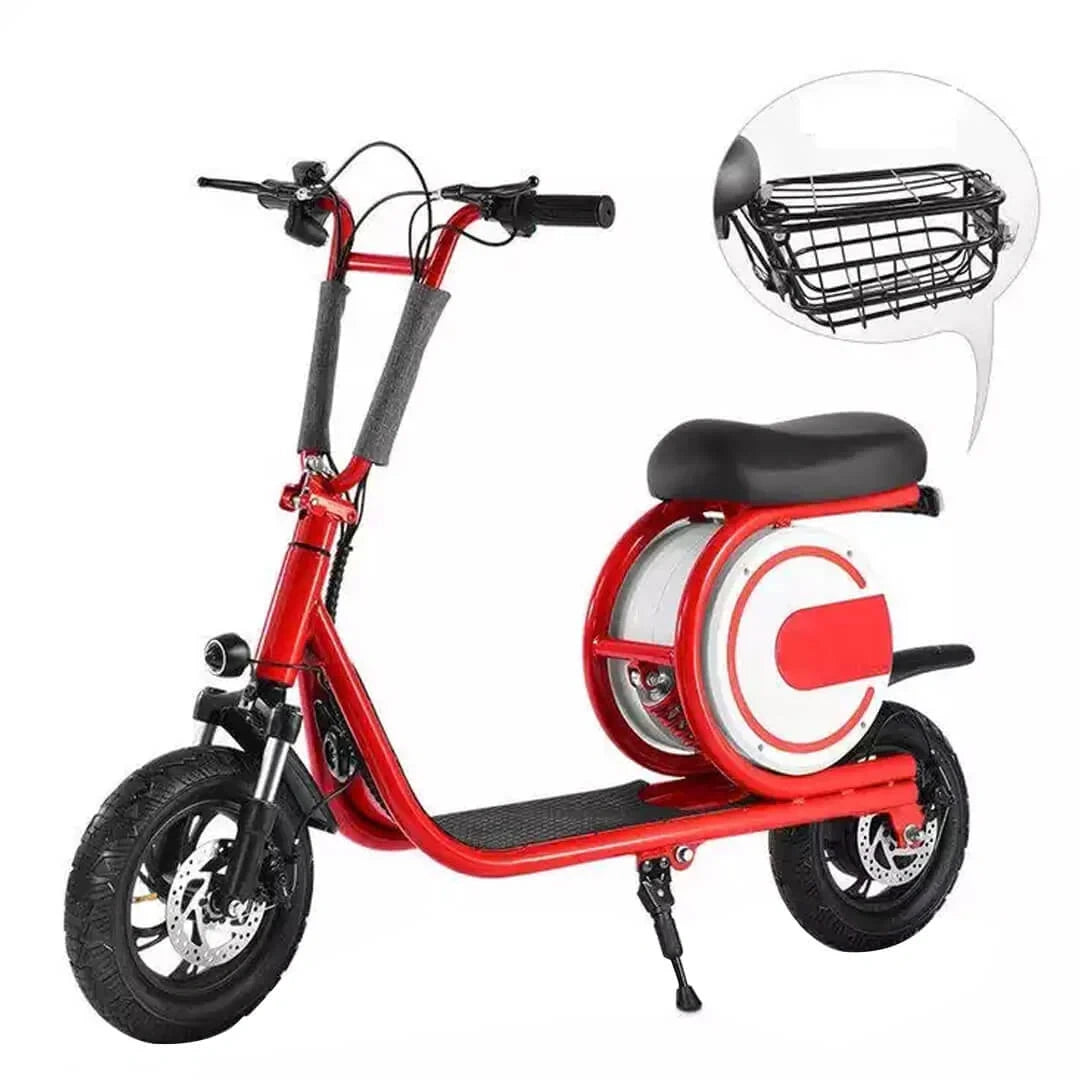 Red electric scooter with black seat and basket on a white background