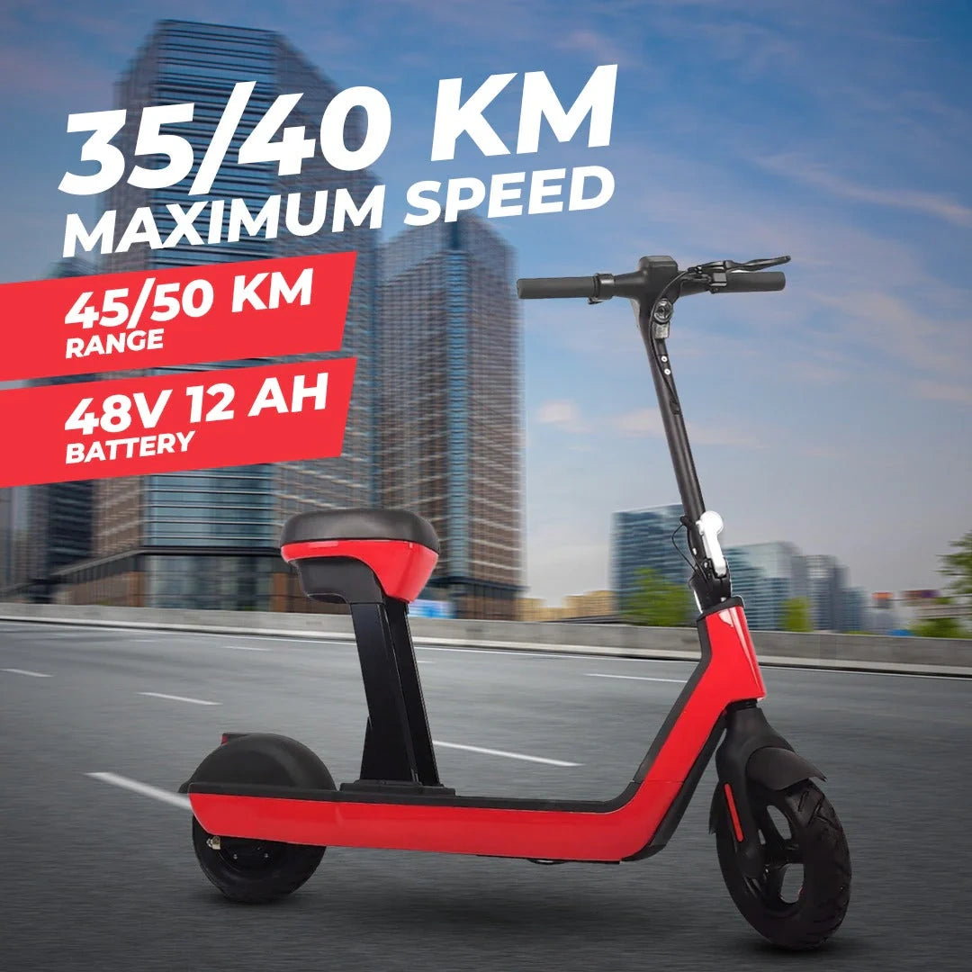 Red electric scooter with specifications on a city road background