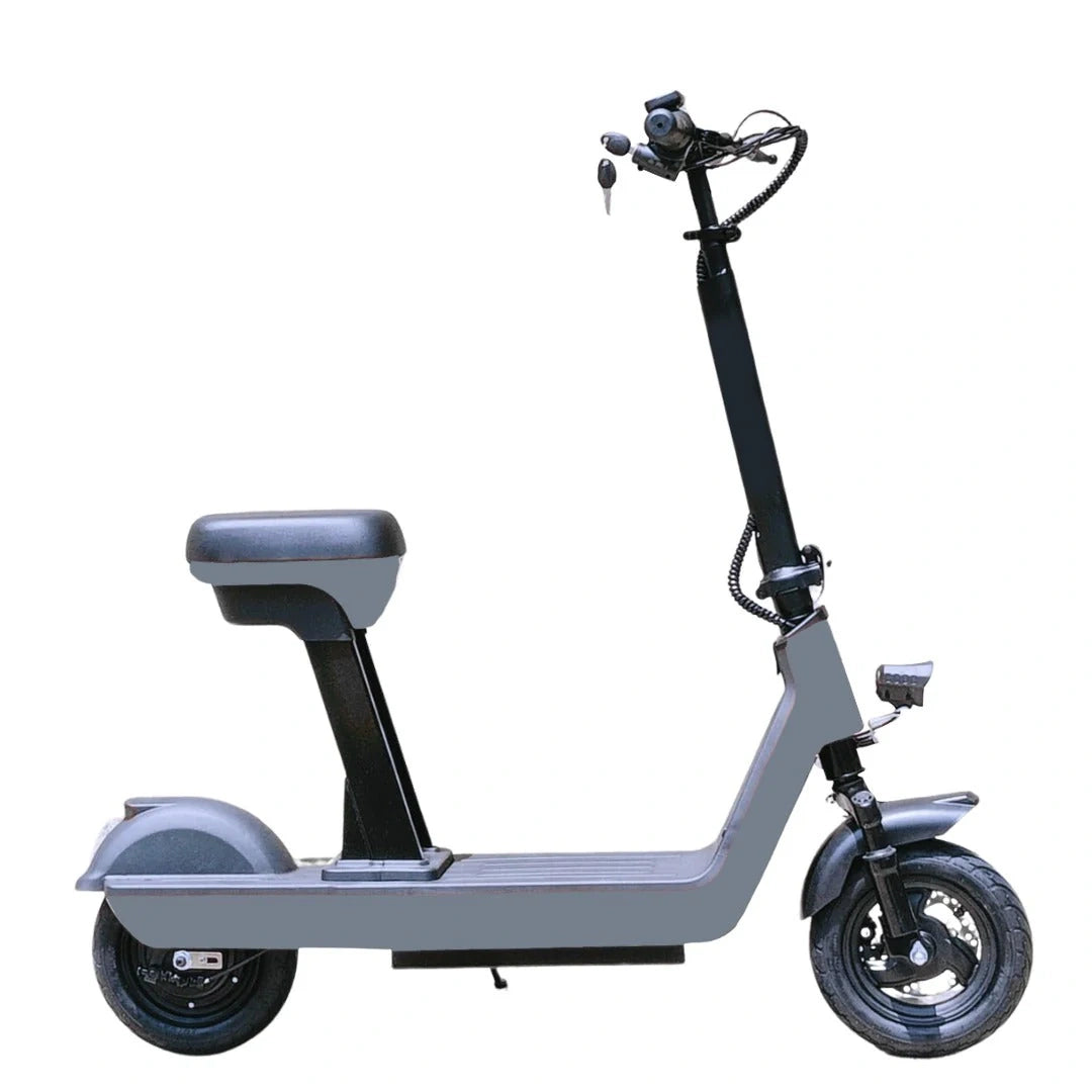Gray electric scooter with black seat on a white background