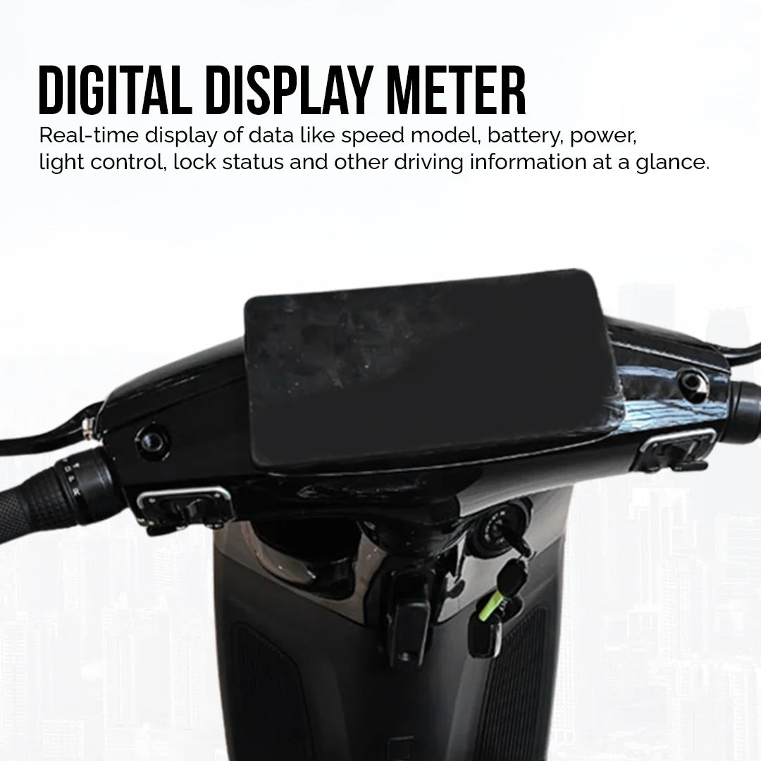 Digital display meter on a motorcycle handlebar with text describing its functions.
