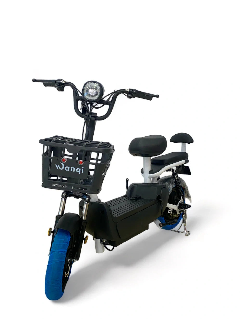 Electric bike with a black frame and blue wheels on a white background