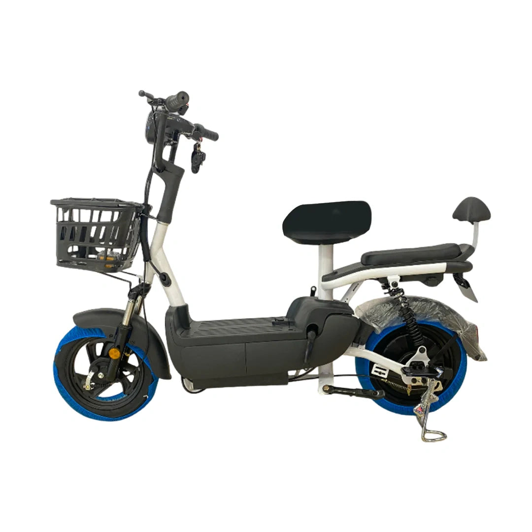 Electric scooter with a basket and seat on a white background