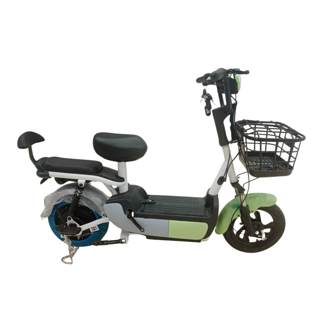 Electric bike with a basket on a white background