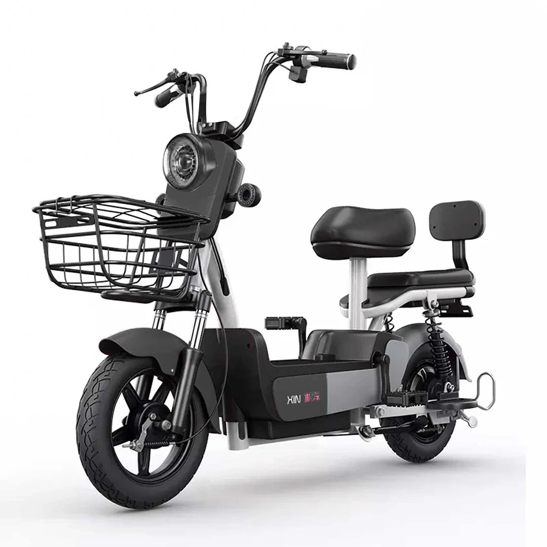 Electric bike with a basket and seat on a white background