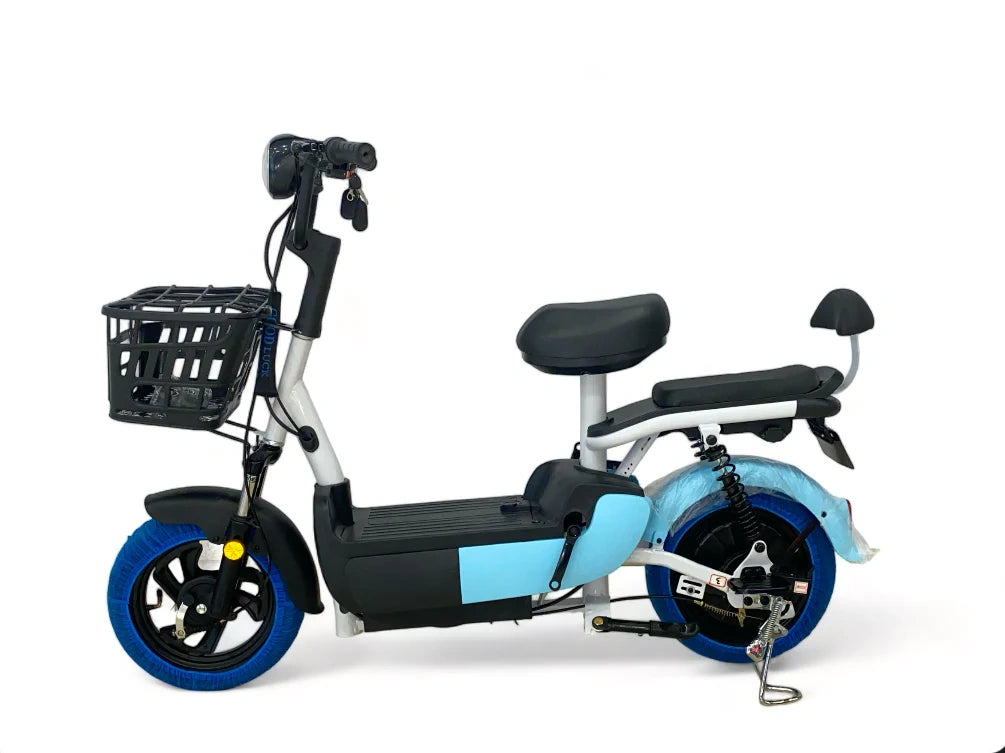 Electric scooter with blue wheels on a white background