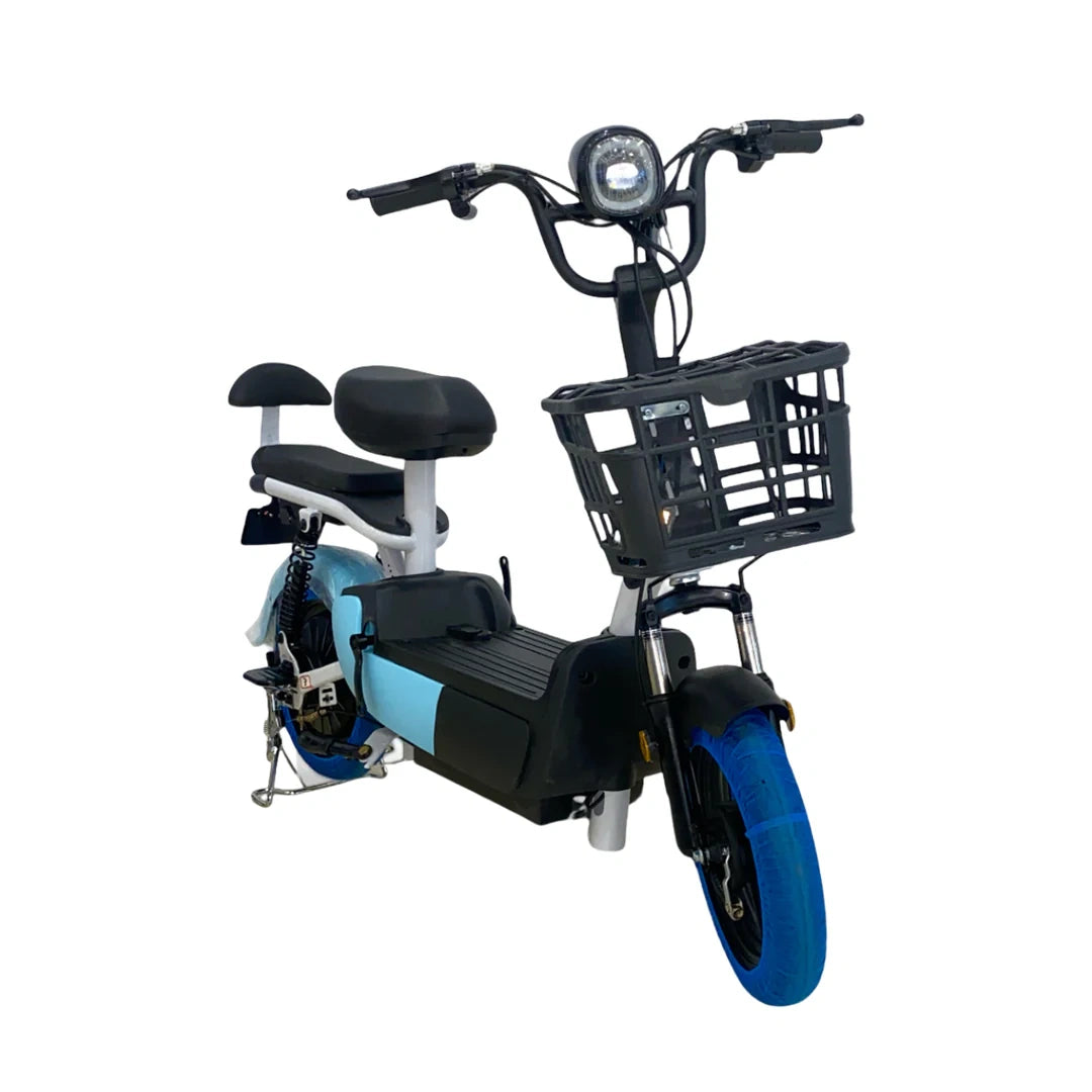 Blue and black electric scooter with a basket on a white background