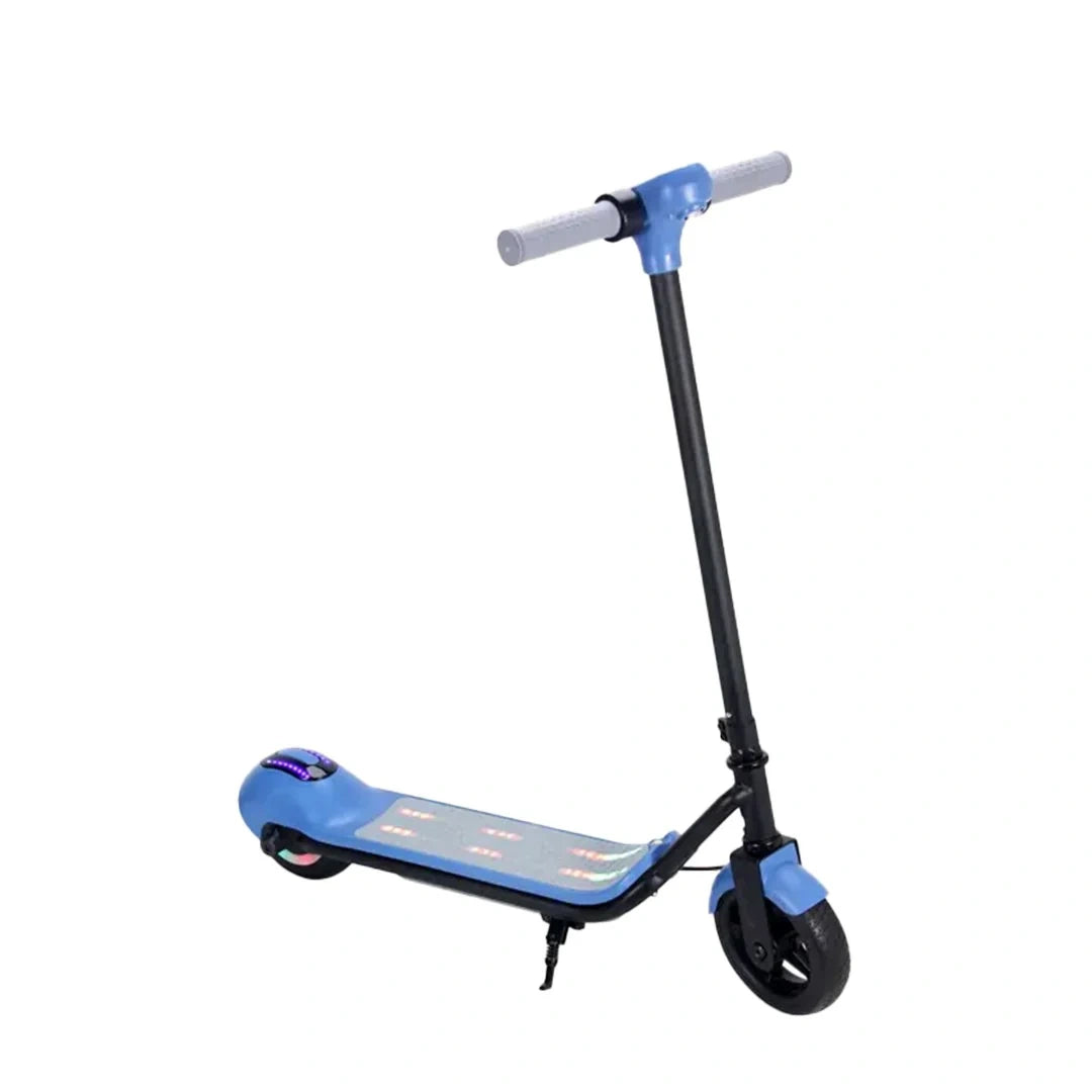Blue scooter with black handlebar and wheels on a white background