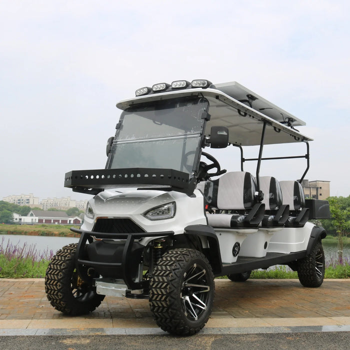 White golf cart with a canopy on a paved road near a body of water.