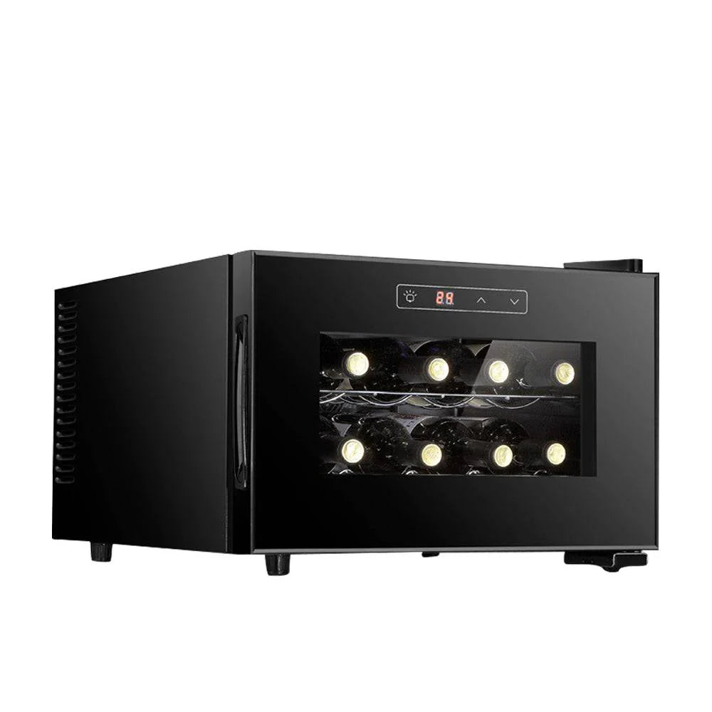 Black wine cooler with digital display on a white background