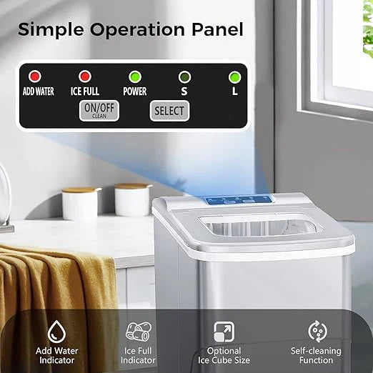 Ice maker with control panel and features highlighted on a kitchen counter.