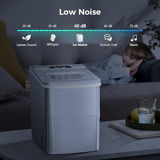 Air purifier with noise level indicator on a table, showing a person in the background.