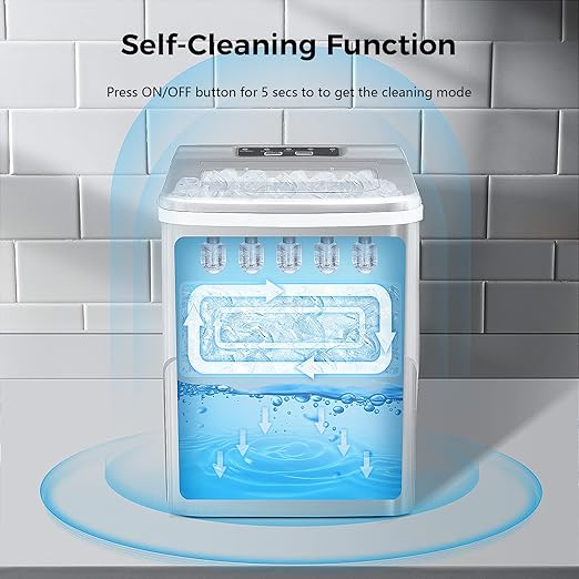 Small washing machine with self-cleaning function illustration on a tiled wall background