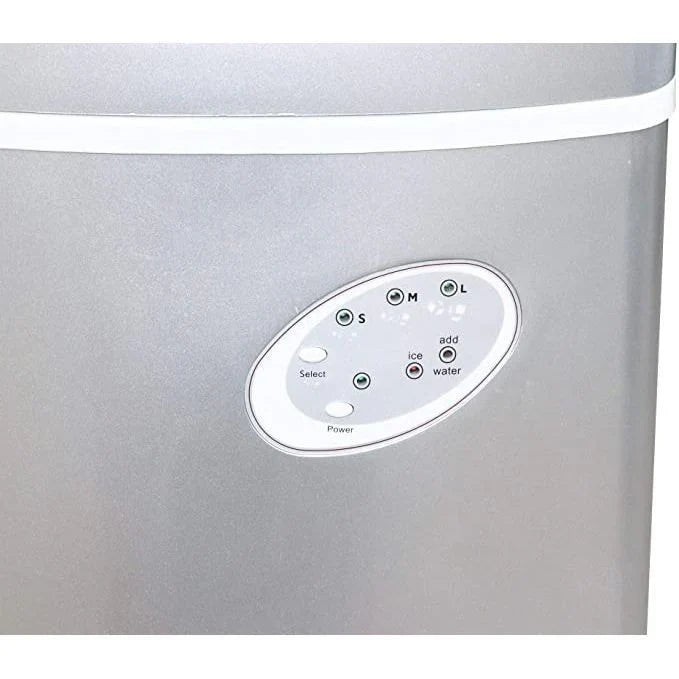 Silver ice maker with control panel on a white background