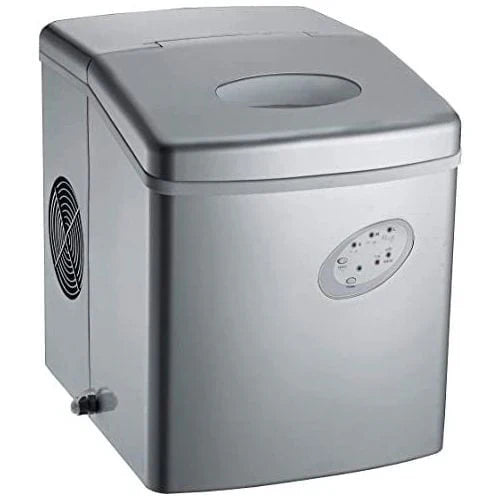 Portable ice maker with a silver finish on a white background