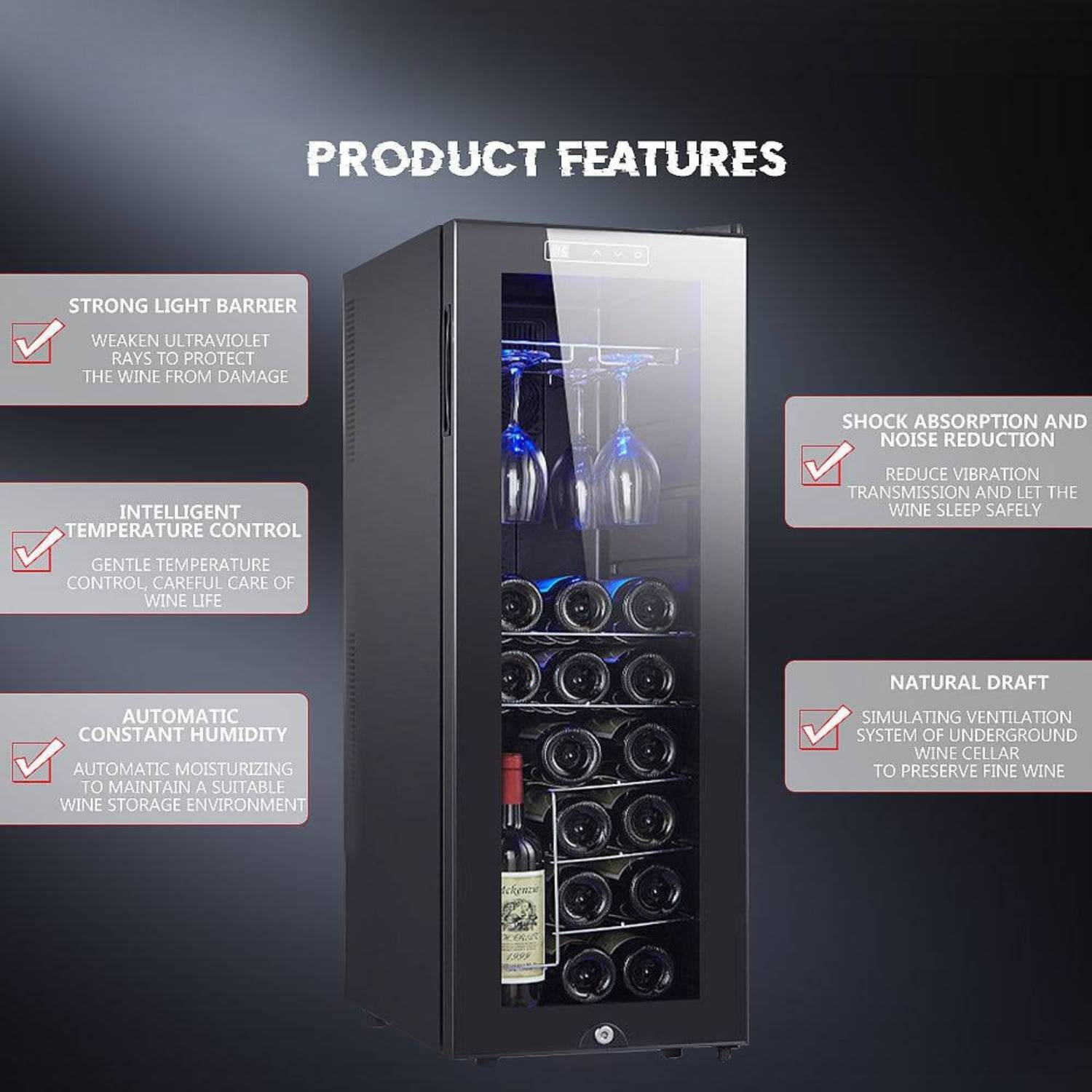 Wine cooler with wine bottles inside, featuring product features on a dark background