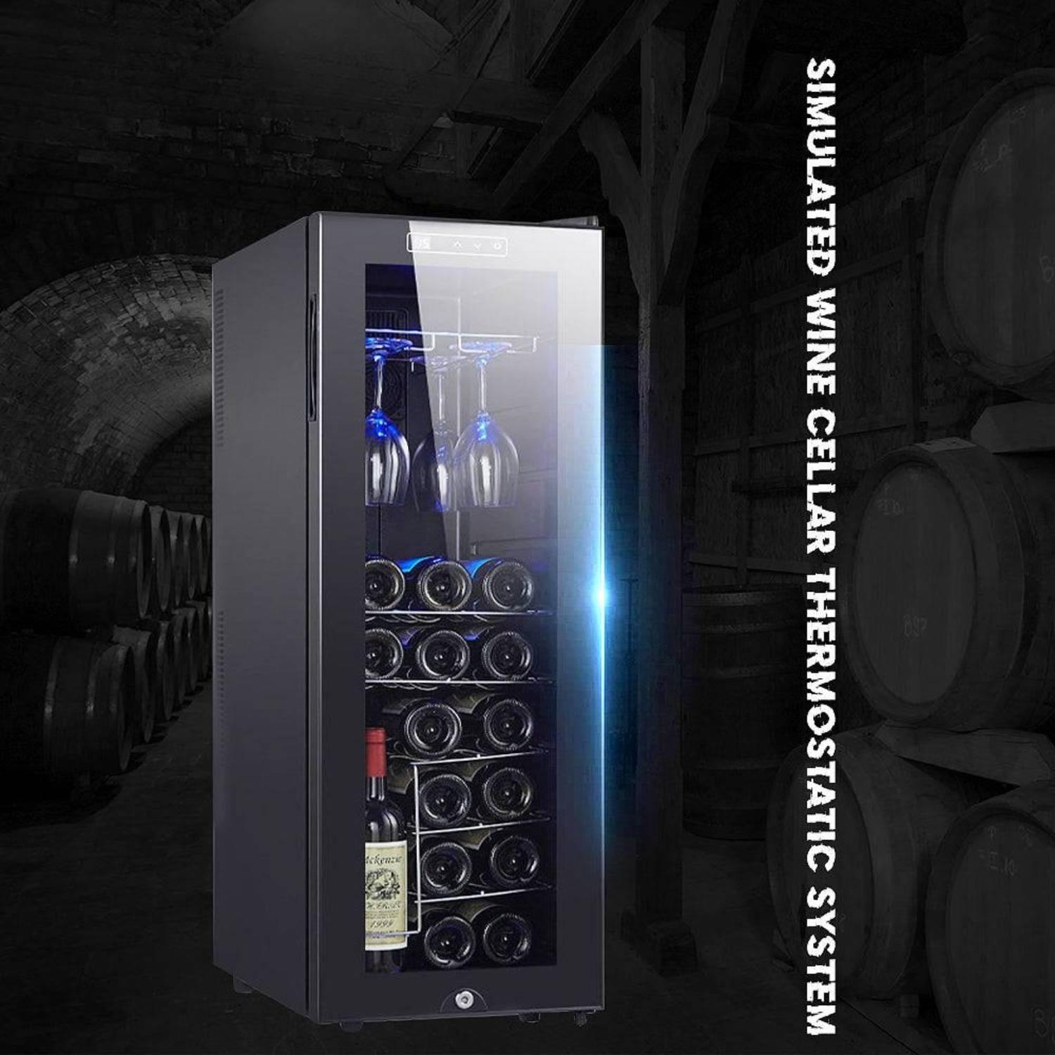 Wine cooler with wine bottles inside, set against a dark background with barrels.