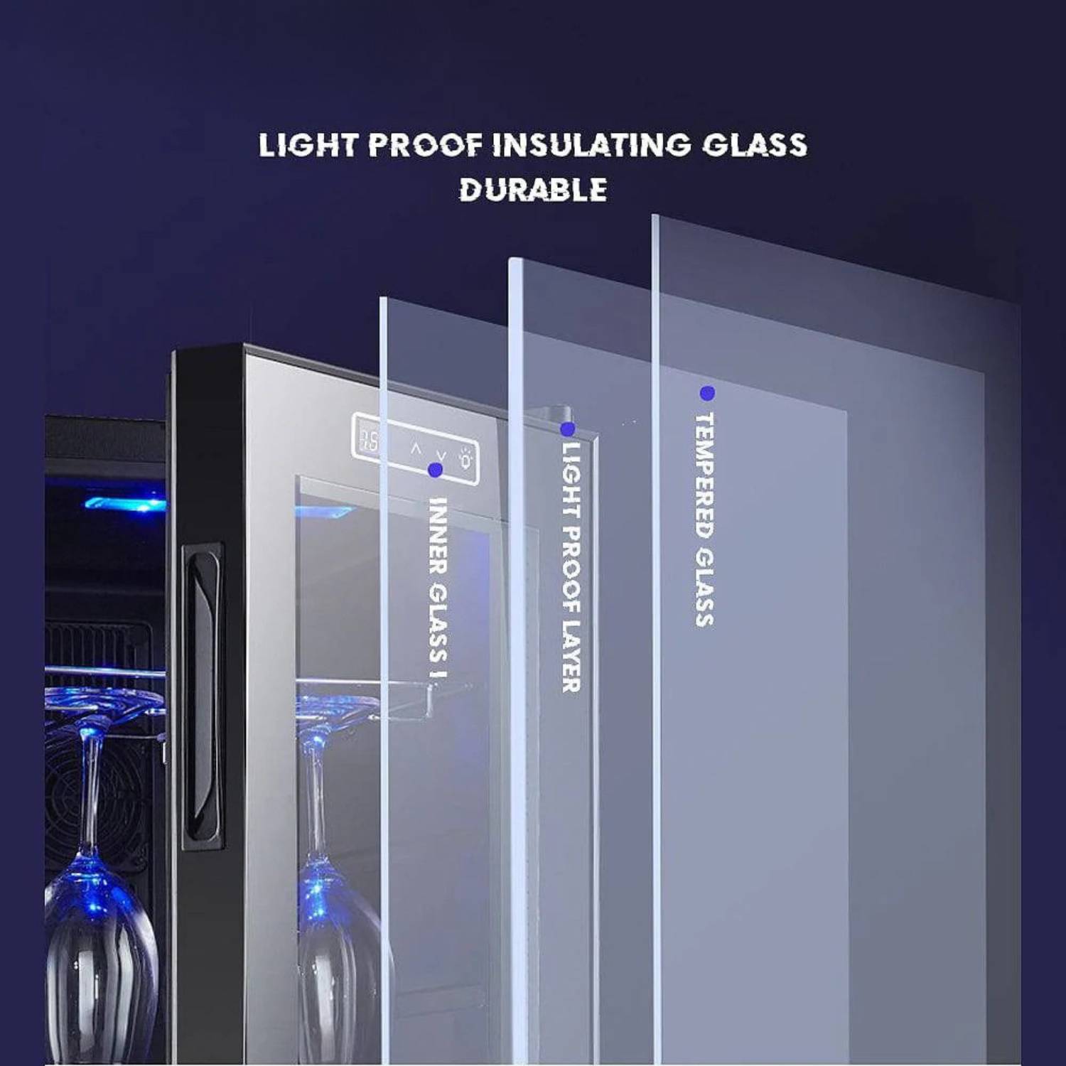 Lightproof insulating glass with layers labeled on a dark background