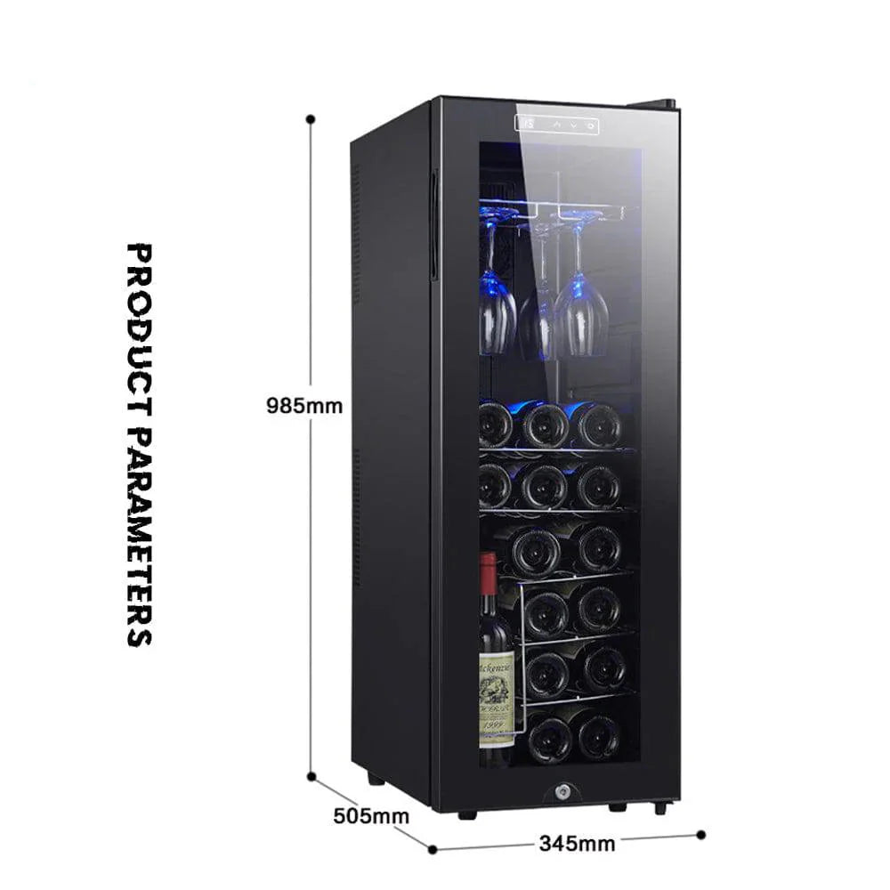 Black wine cooler with glass door displaying bottles, dimensions indicated, and Coolbaby branding.