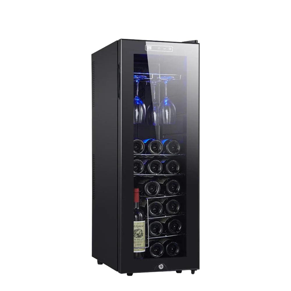 Black wine cooler with glass door displaying wine bottles and glasses on a white background