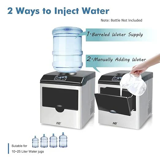 Two water dispensers with instructions on how to inject water, including a barrelled water supply and manually adding water.