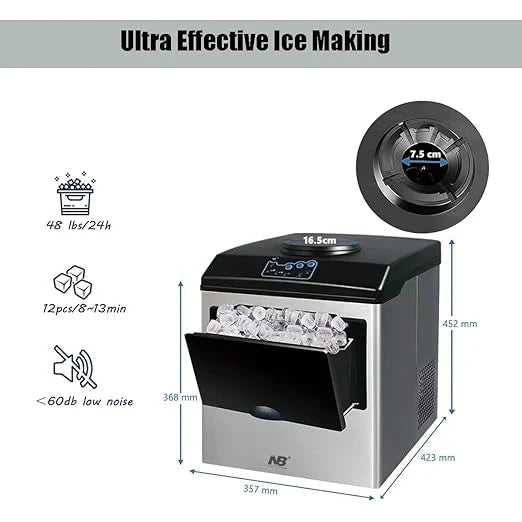 Ice maker with features and specifications on a white background