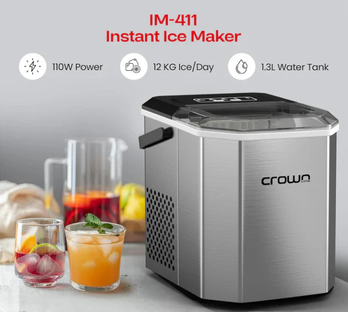 Instant ice maker with features listed and a drink setup on a table.