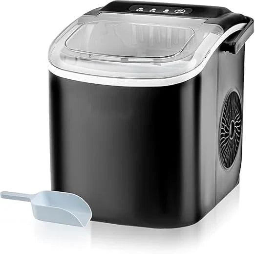 Black portable ice maker with a white scoop on a white background