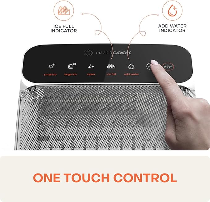Hand pressing a button on an ice maker with control panel and indicators.