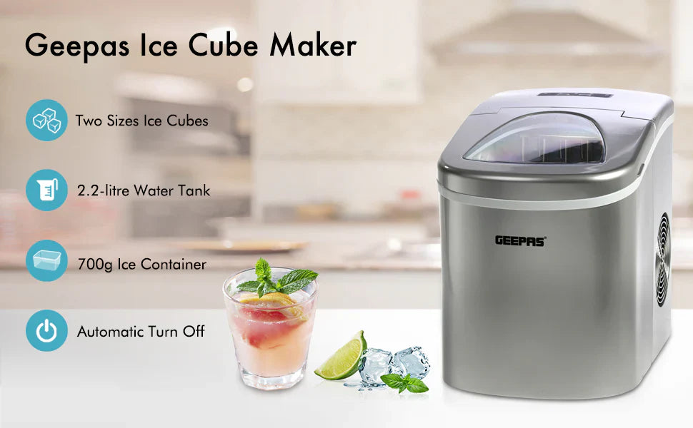 Geepas ice cube maker with features listed and a glass of fruit punch.