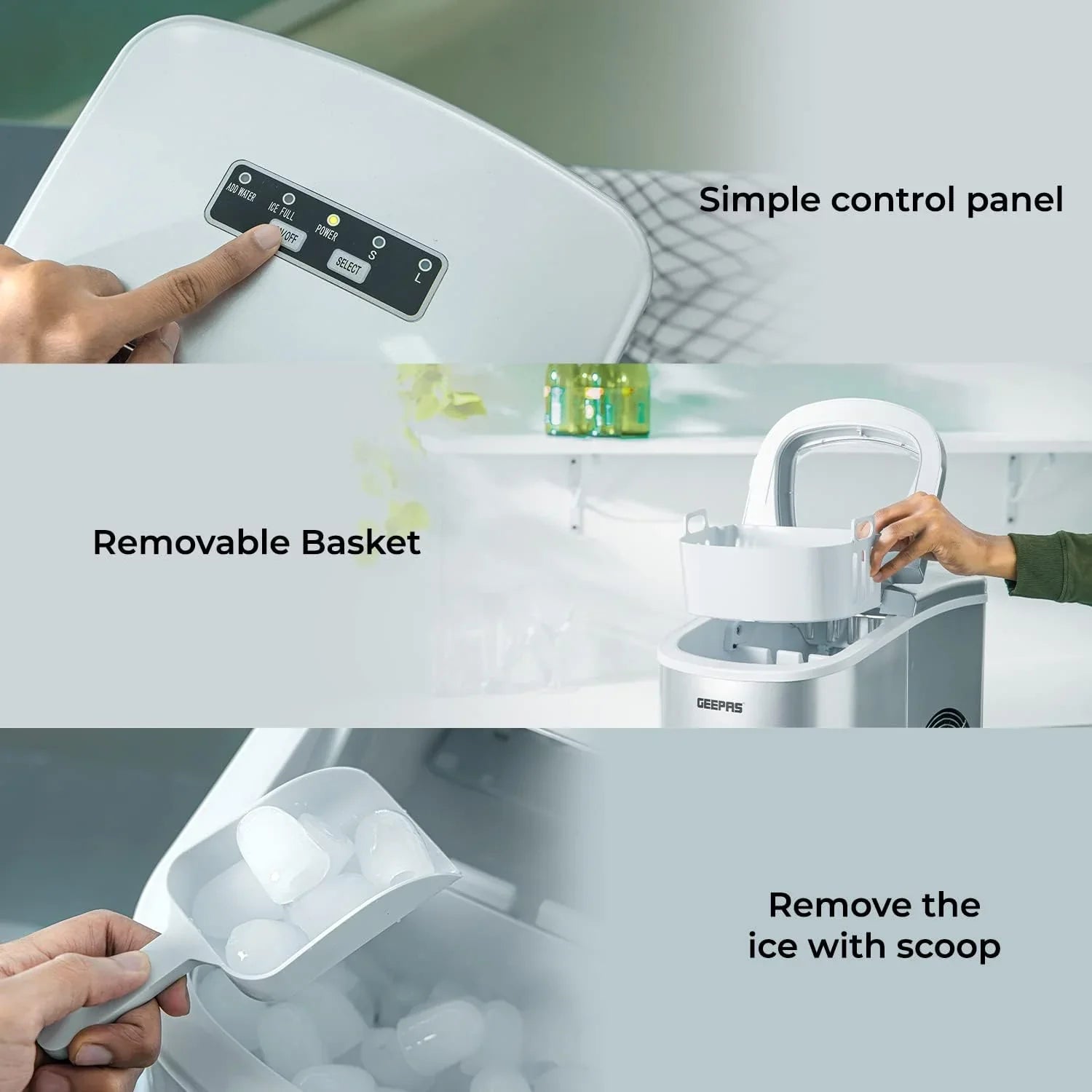 Ice maker with control panel, removable basket, and ice removal with a scoop.