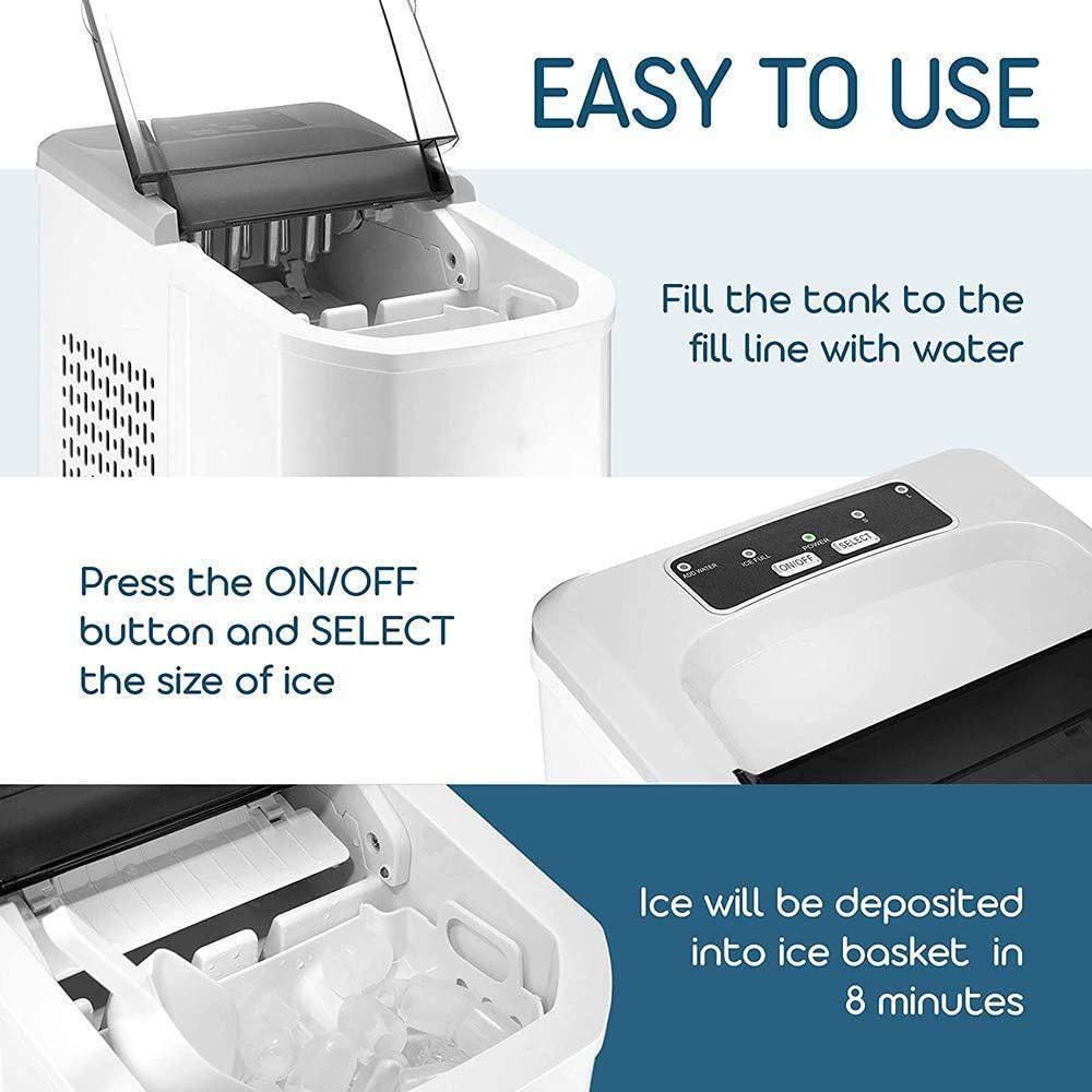 Instructions for using an ice maker with text on how to fill the tank, press buttons, and select ice size.