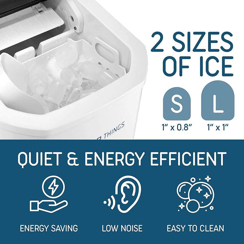 Ice maker with text indicating two sizes of ice and features like energy saving, low noise, and easy cleaning.