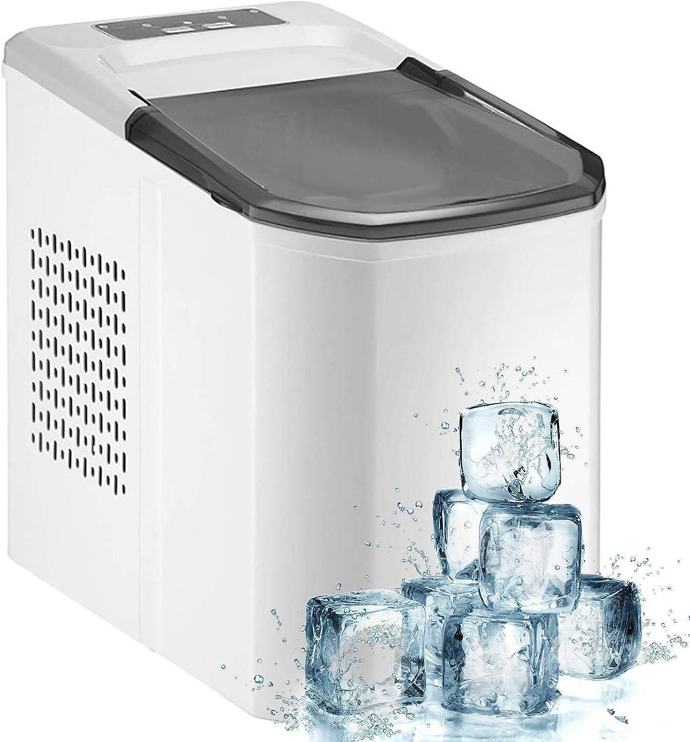 Portable ice maker with a stack of ice cubes on a white background