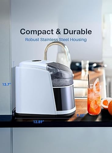 Compact kitchen appliance on a kitchen counter with text highlighting its features.