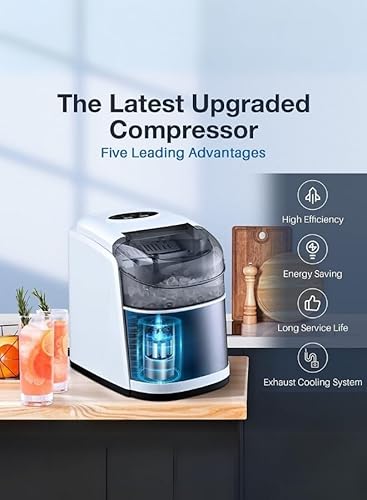 Compressor with text highlighting its features on a kitchen counter.