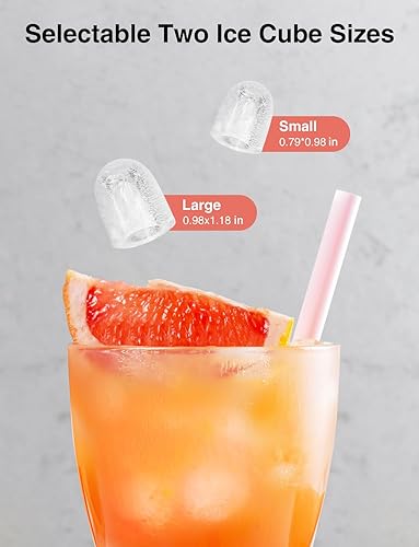 Drink with grapefruit wedge and pink straw, featuring two ice cube sizes on a gray background.