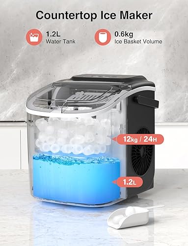 Countertop ice maker with water tank and ice basket volume indicators on a gray background