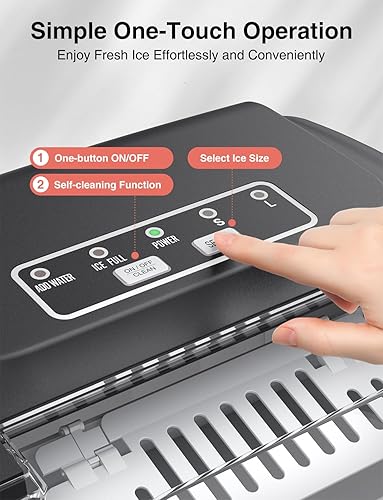 Ice maker with control panel and hand pressing a button, labeled for simple one-touch operation.