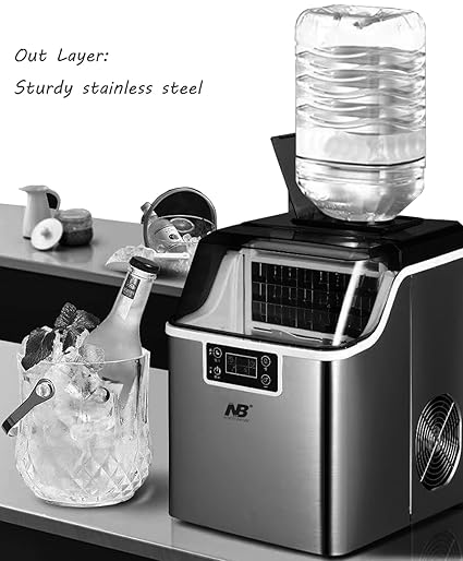 Ice maker on a kitchen counter with ice and water bottles displayed.