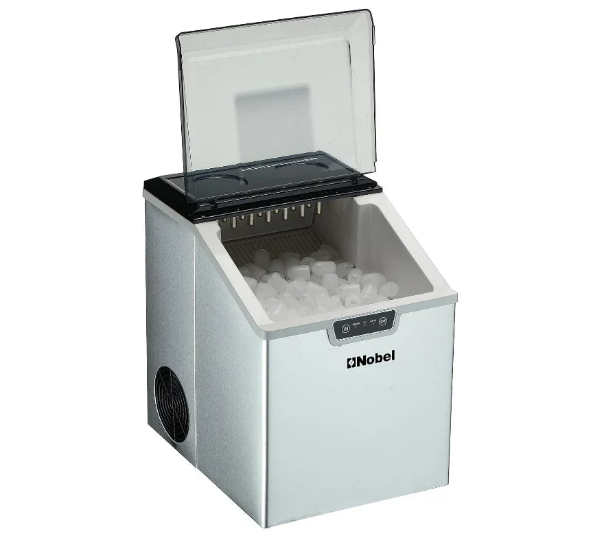 Portable ice maker with open lid showing ice cubes, brand 'Nobel' visible.