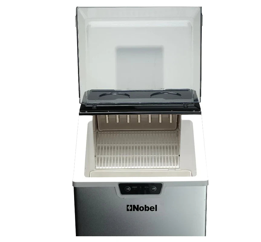 Stainless steel refrigerator with open door on a white background, featuring the Nobel brand.