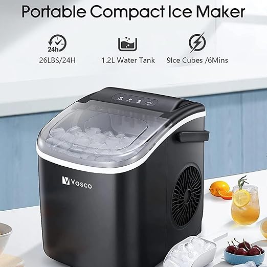 Portable compact ice maker with features listed on a kitchen counter.