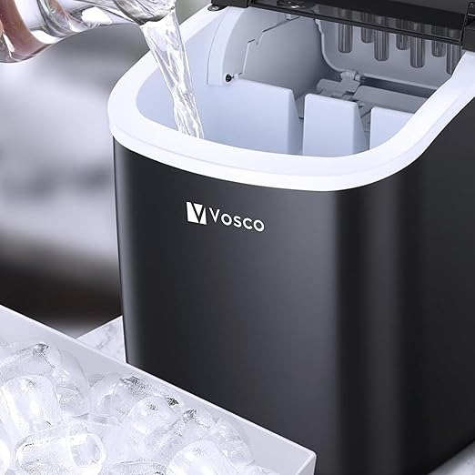 Vosco ice maker with ice being poured into a container and ice cubes visible.