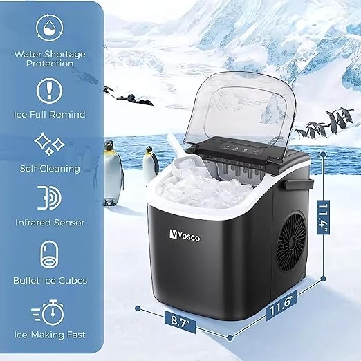 Portable ice maker with features listed on a snowy background with penguins.