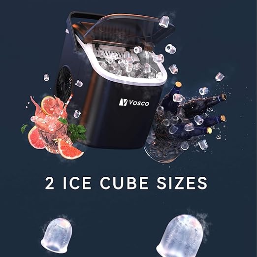 Vosco ice maker with ice cubes and drinks on a dark background