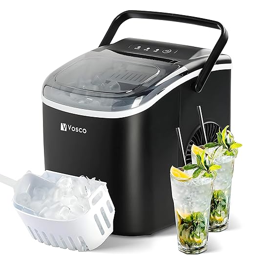 Black Vosco ice maker with a scoop and two glasses of iced drinks on a white background