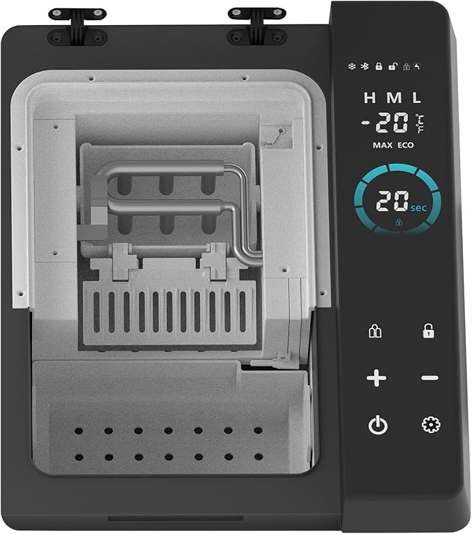 Black electronic device with digital display and control panel